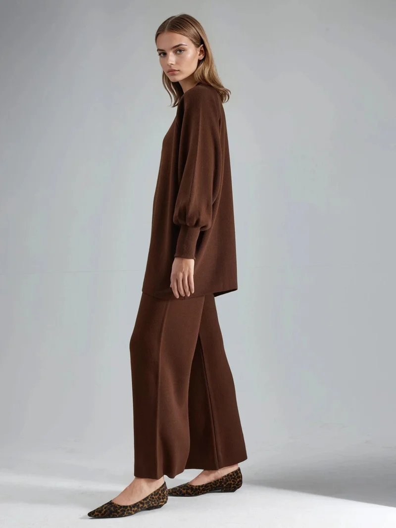 MY FASHION Coffee Brown MY FASHION Loose Fit Sweater & Pants Knit Co-ord Set for Women | Best Price UAE